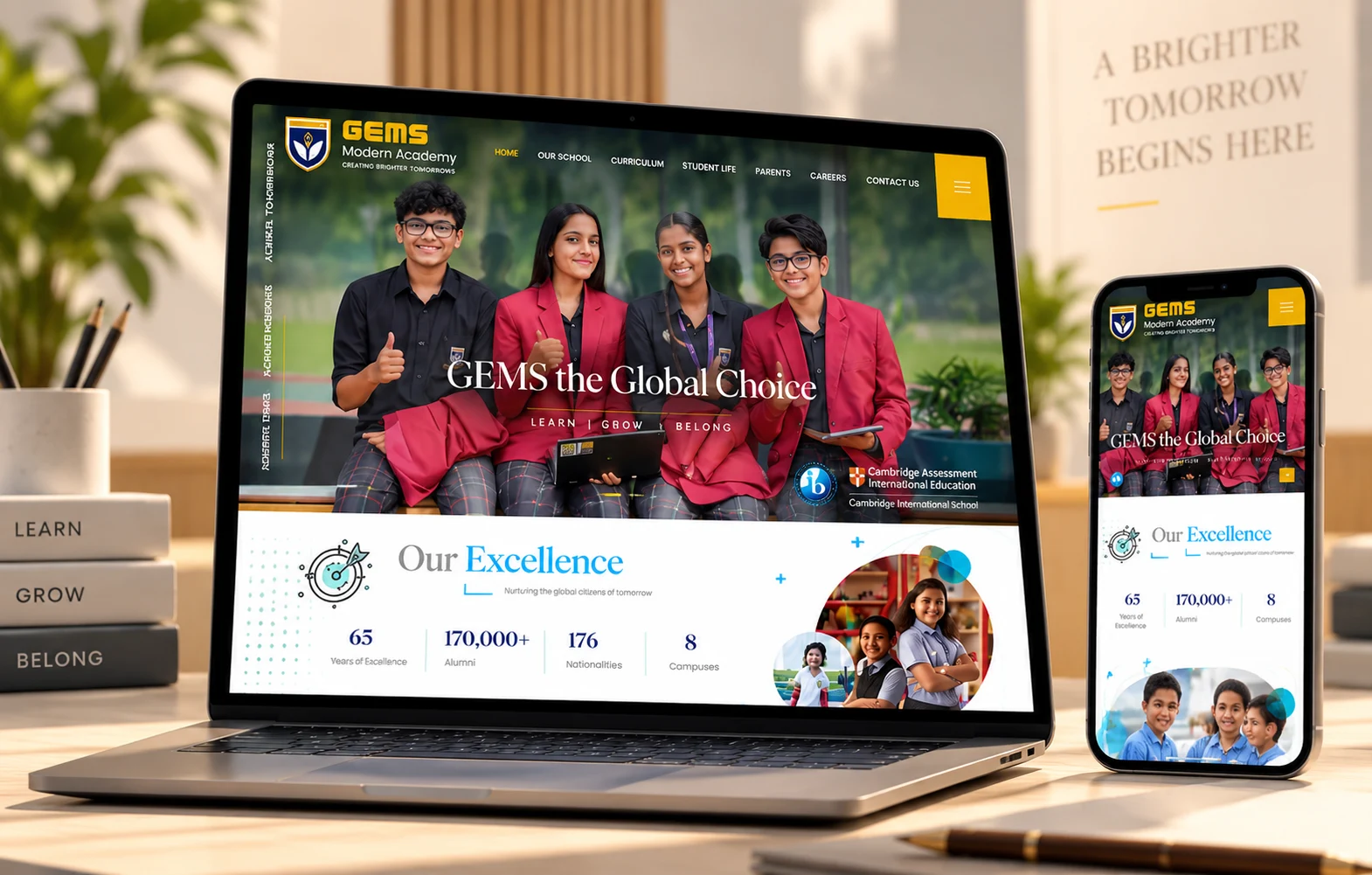 GEMS international School website mockup on a laptop and smartphone, showcasing student life, academic excellence, school branding, and responsive web design by Inter Smart.