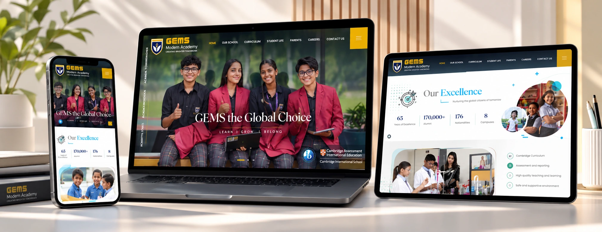 GEMS international School website design mockup displayed on a laptop, smartphone, and tablet, showcasing school branding, student life, academic excellence, and responsive web design by Inter Smart.