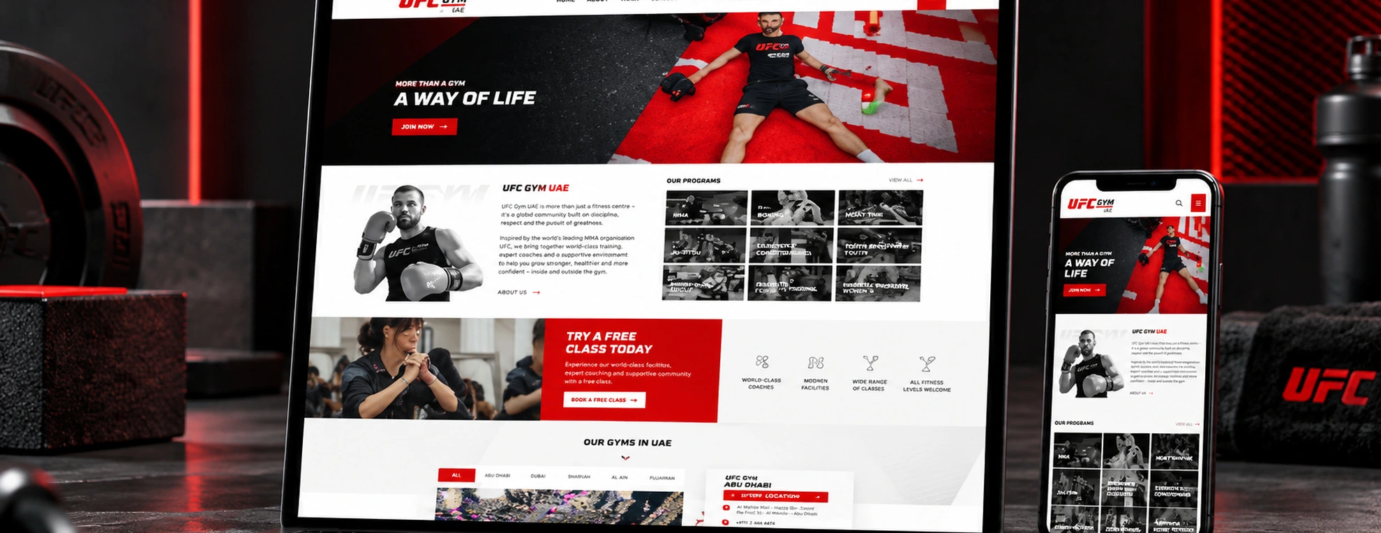 UFC GYM UAE website design mockup displayed on a laptop and smartphone, showcasing responsive web design, gym programs, training facilities, and membership features by Inter Smart.