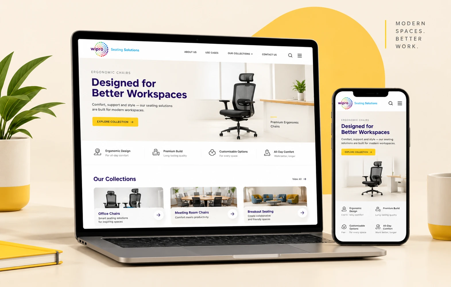 Wipro Seating Solutions responsive website mockup displayed on a laptop and smartphone, featuring ergonomic chairs, office seating collections, and a premium off-white and yellow Inter Smart brand-themed background.