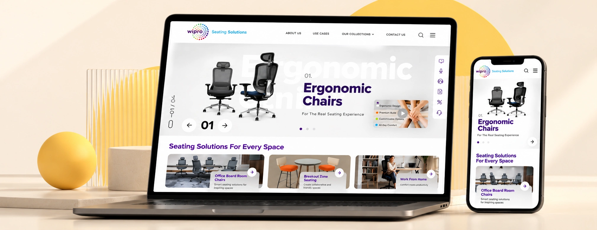Wipro Seating Solutions website mockup displayed on a laptop and smartphone against Inter Smart’s warm off-white and yellow brand-themed background, showcasing ergonomic chairs, office seating collections, and responsive web design.