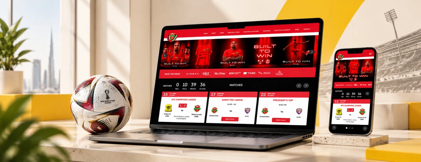 Shabab AlAlhi website design mockup displayed on laptop, tablet, and smartphone showcasing football club web design by Inter Smart.