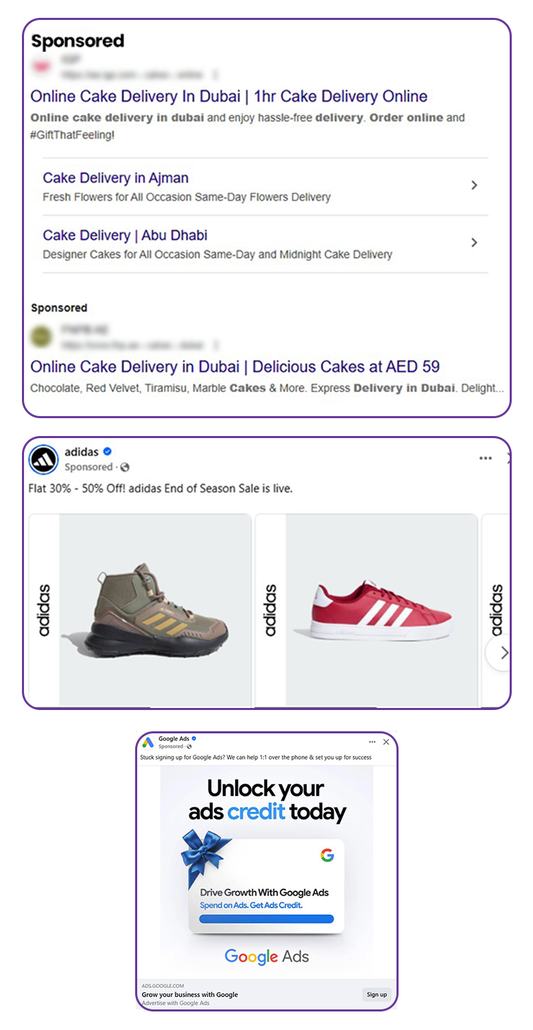 Screenshots of sponsored ads on different platforms