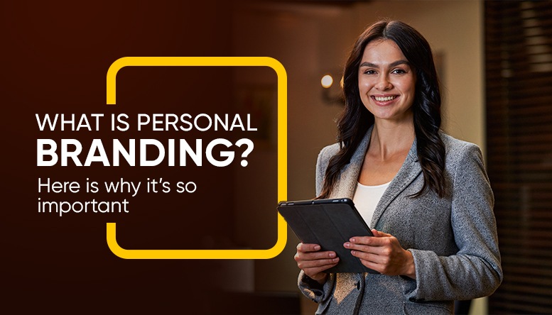 Professional woman holding a tablet with text about the importance of personal branding