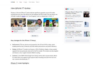 google search results of "new iphone 17 review" to describe about how search appers when searching for commercial and prodcut reviews