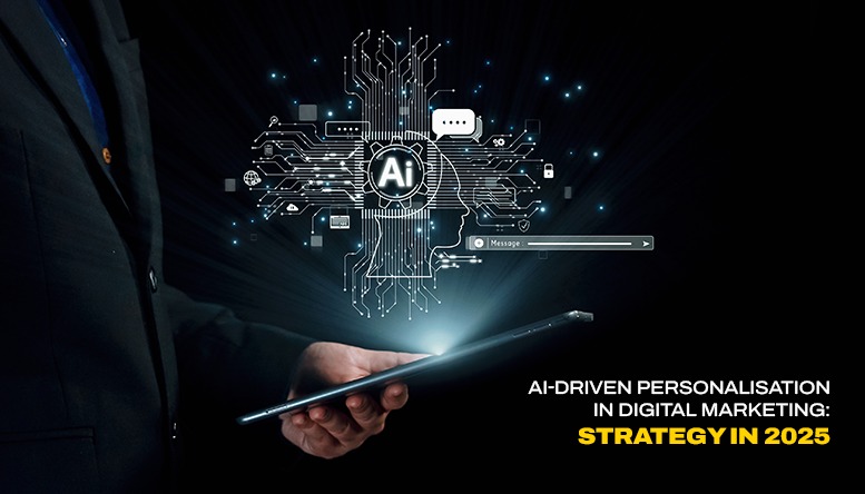 Business professional holding a tablet with an AI-powered digital interface glowing above it, illustrating AI-driven personalisation in digital marketing for 2025.