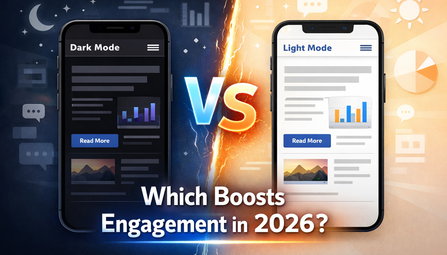 Side-by-side smartphones displaying dark mode and light mode app interfaces, visually comparing dark mode vs light mode to show which design boosts user engagement in 2026.