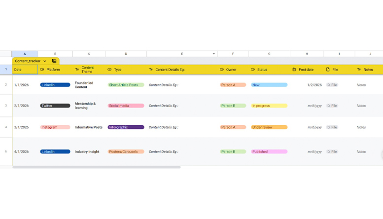 Screenshot of a social media content calendar spreadsheet showing scheduled posts with columns for date, platform, content theme, content type, content details, owner, status, post date, files, and notes, illustrating how a structured social media content calendar helps plan and track content effectively.