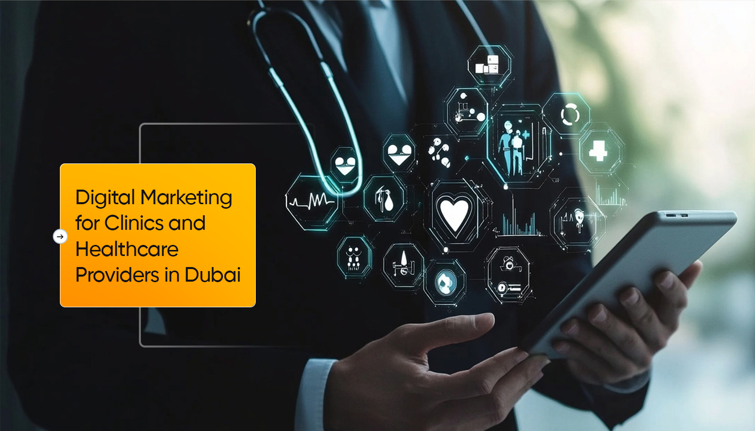 Healthcare professional using a tablet with digital medical icons, representing digital marketing for clinics and healthcare providers to improve patient engagement and online visibility.