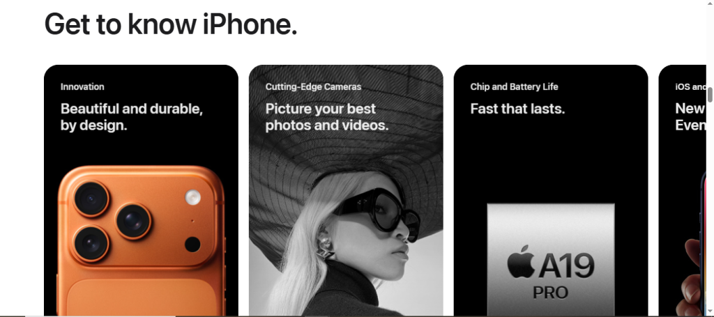 iPhone product showcase layout with clean visual hierarchy and modern UI design, illustrating how web design elements influence a strong first impression for a brand