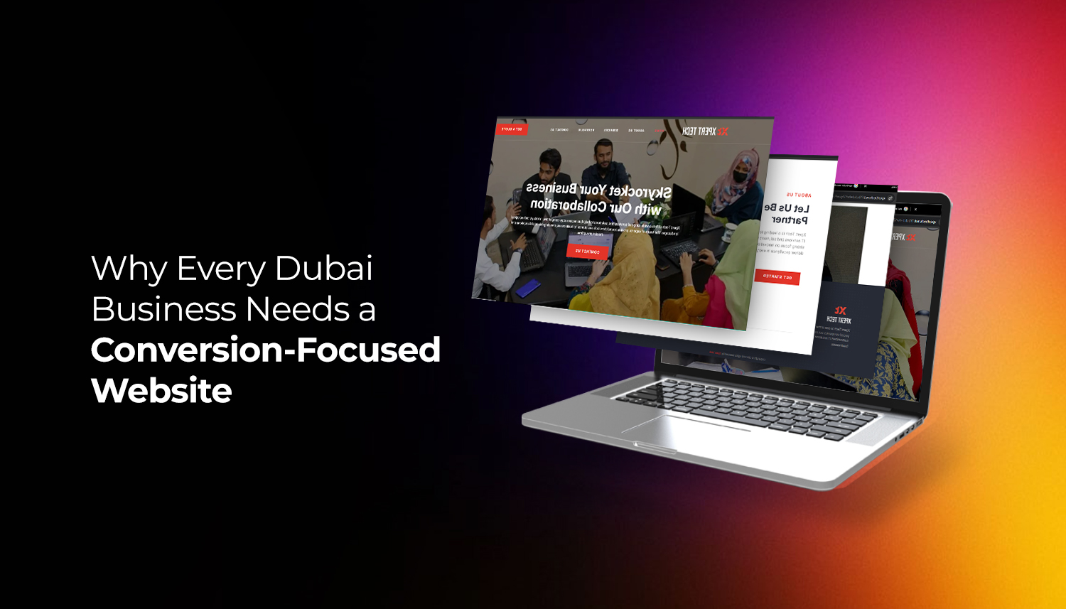 Laptop showing multiple website layouts representing a conversion-focused website design for Dubai businesses with emphasis on user experience, SEO, and lead generation