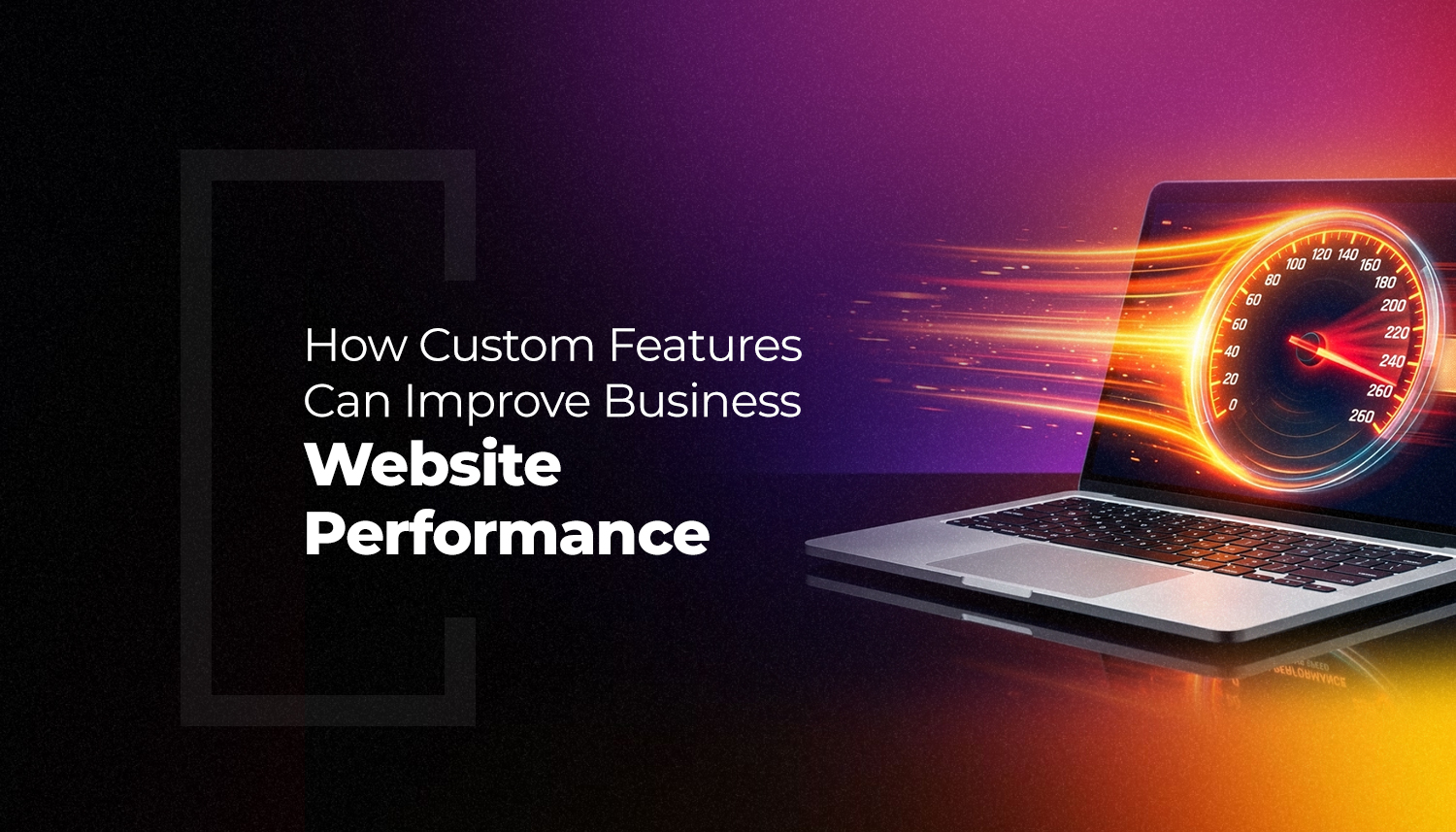 Laptop displaying speedometer graphic symbolizing fast website performance with custom features enhancing business website speed, user experience, and functionality.