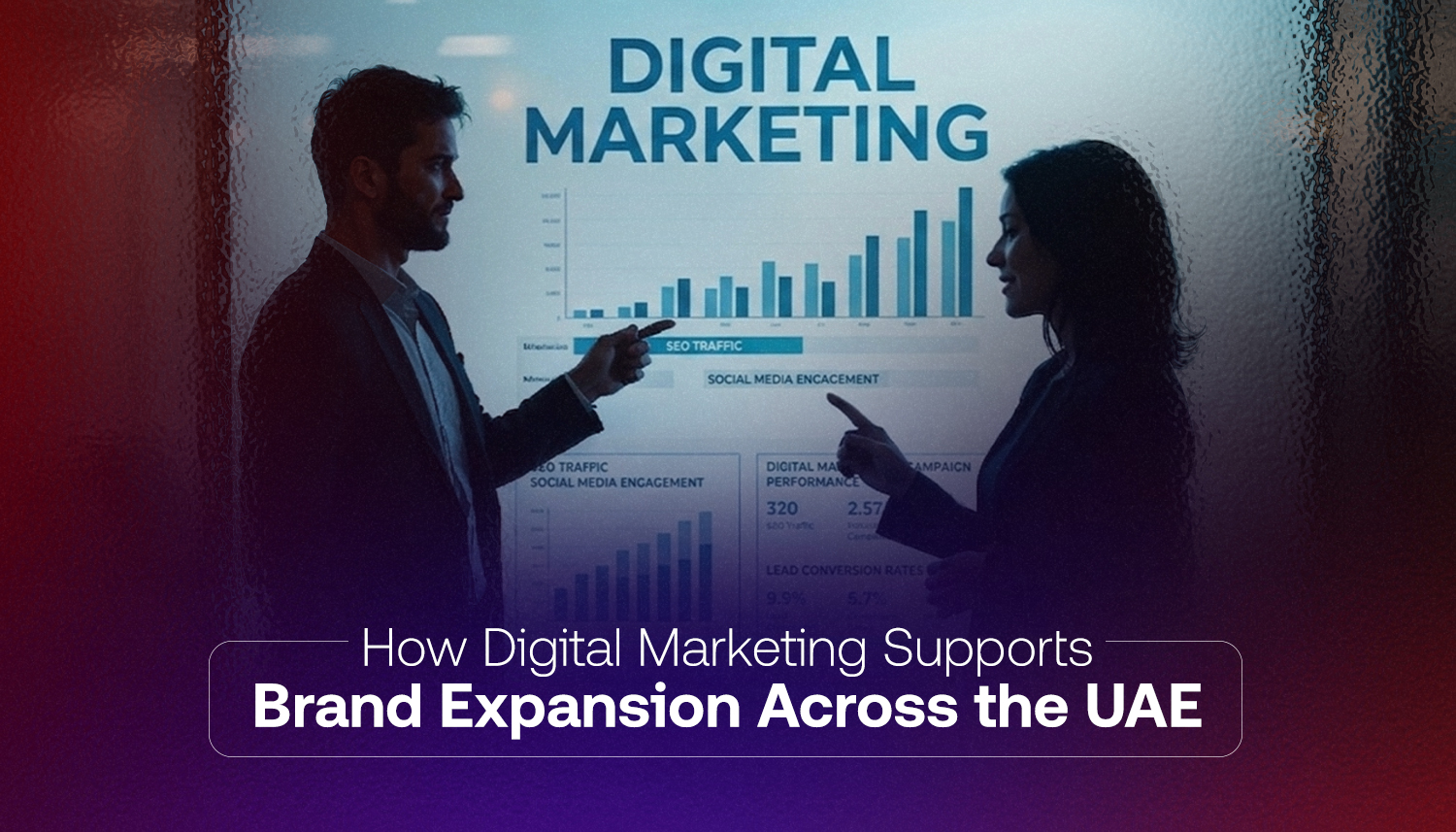 Two professionals reviewing digital marketing analytics and growth charts, illustrating how digital marketing supports brand expansion and online visibility across the UAE.