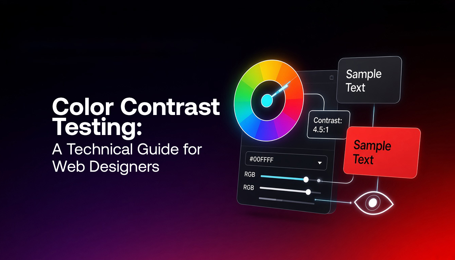 Colour Contrast Testing interface showing a colour wheel, contrast ratio of 4.5:1, RGB controls, and sample text for accessible web design