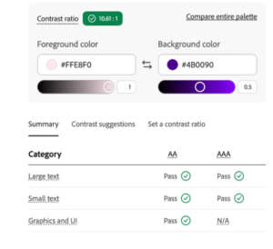 Colour Contrast Testing tool showing a 10.61:1 contrast ratio between foreground and background colours, with AA and AAA accessibility checks passing for text.
