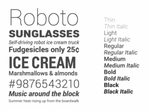 Roboto typeface family showing different font weights and styles, illustrating variable font flexibility and typography options in modern web design.