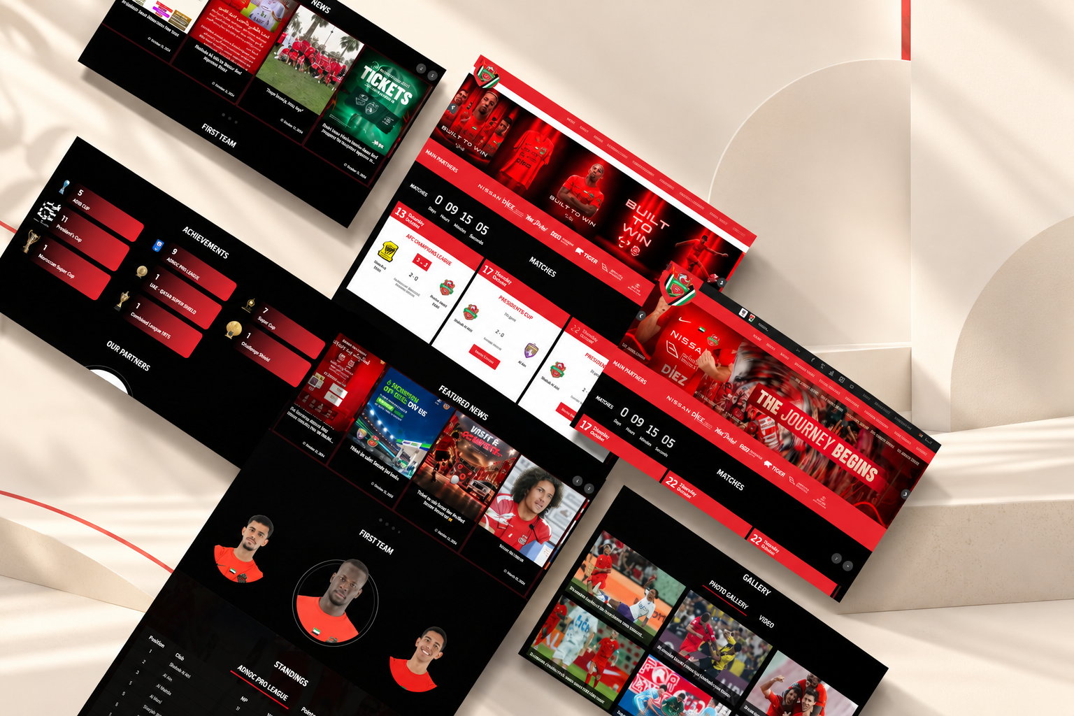 habab Al Ahli website UI/UX design case study by Inter Smart, showcasing football fixtures, player profiles, news, standings, achievements, and club partners in a premium mockup
