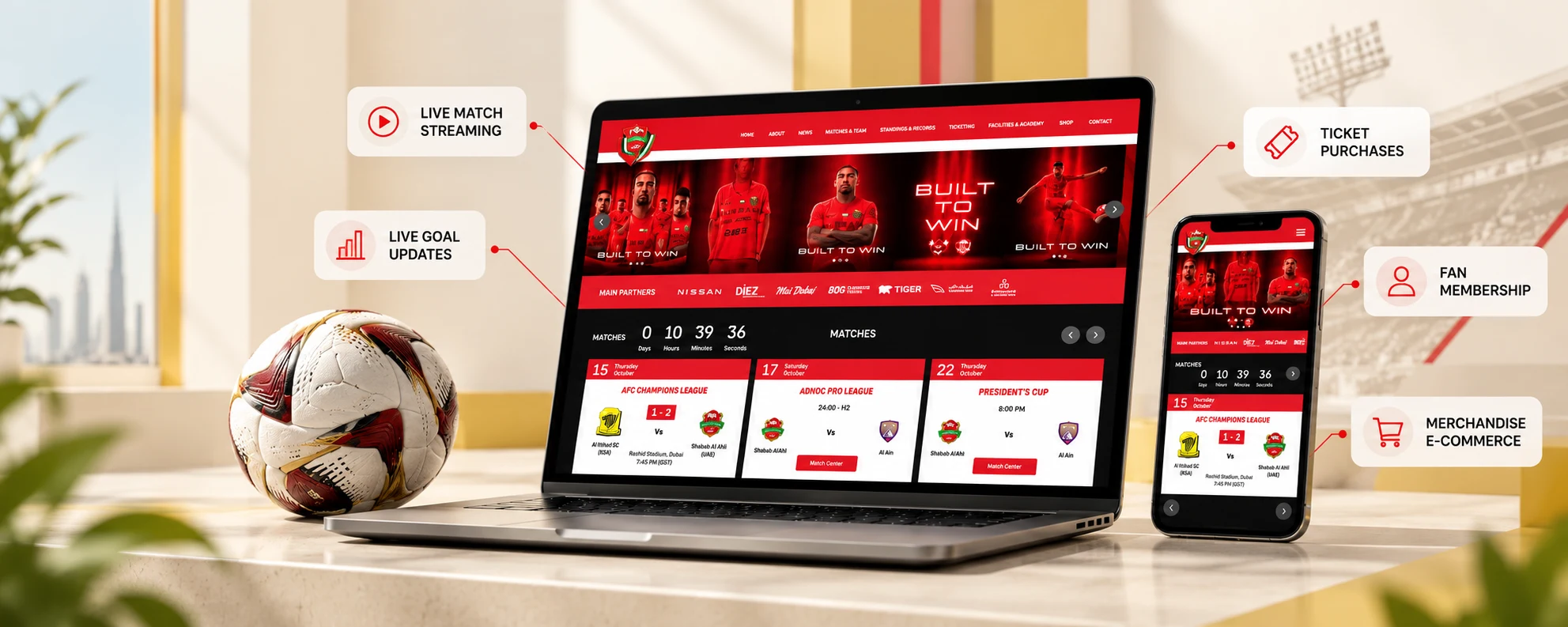 Shabab Alalhi website mockup with features