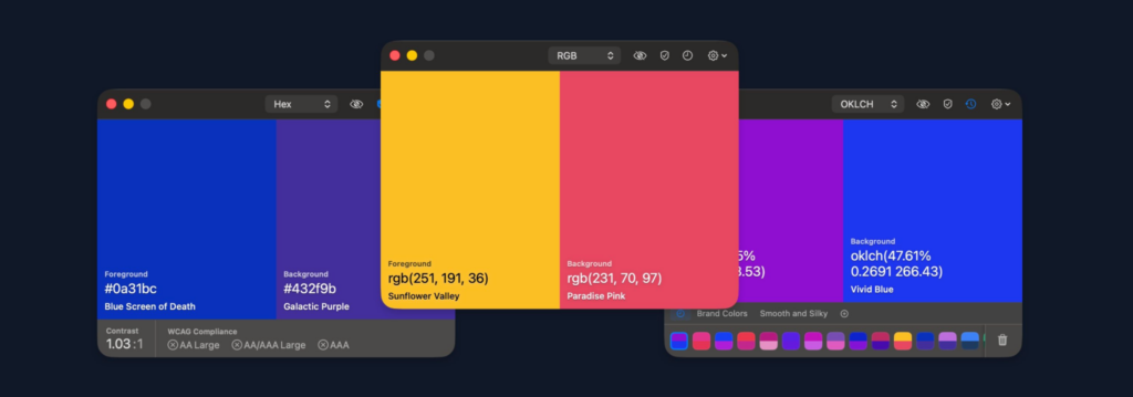 Colour Contrast Testing interface comparing foreground and background colours with WCAG contrast ratios and accessibility compliance indicators for web design.