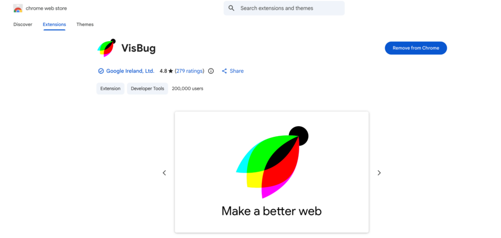 VisBug browser extension for Chrome displayed as a web design tool for testing and improving colour contrast and accessibility.